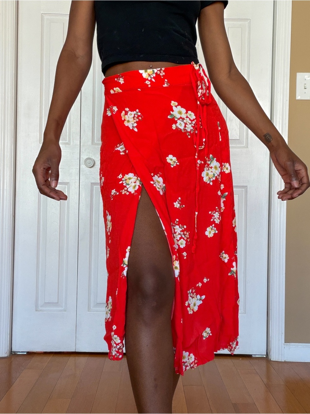 Elodie Red Floral Wrap Midi Skirt with Side Slit